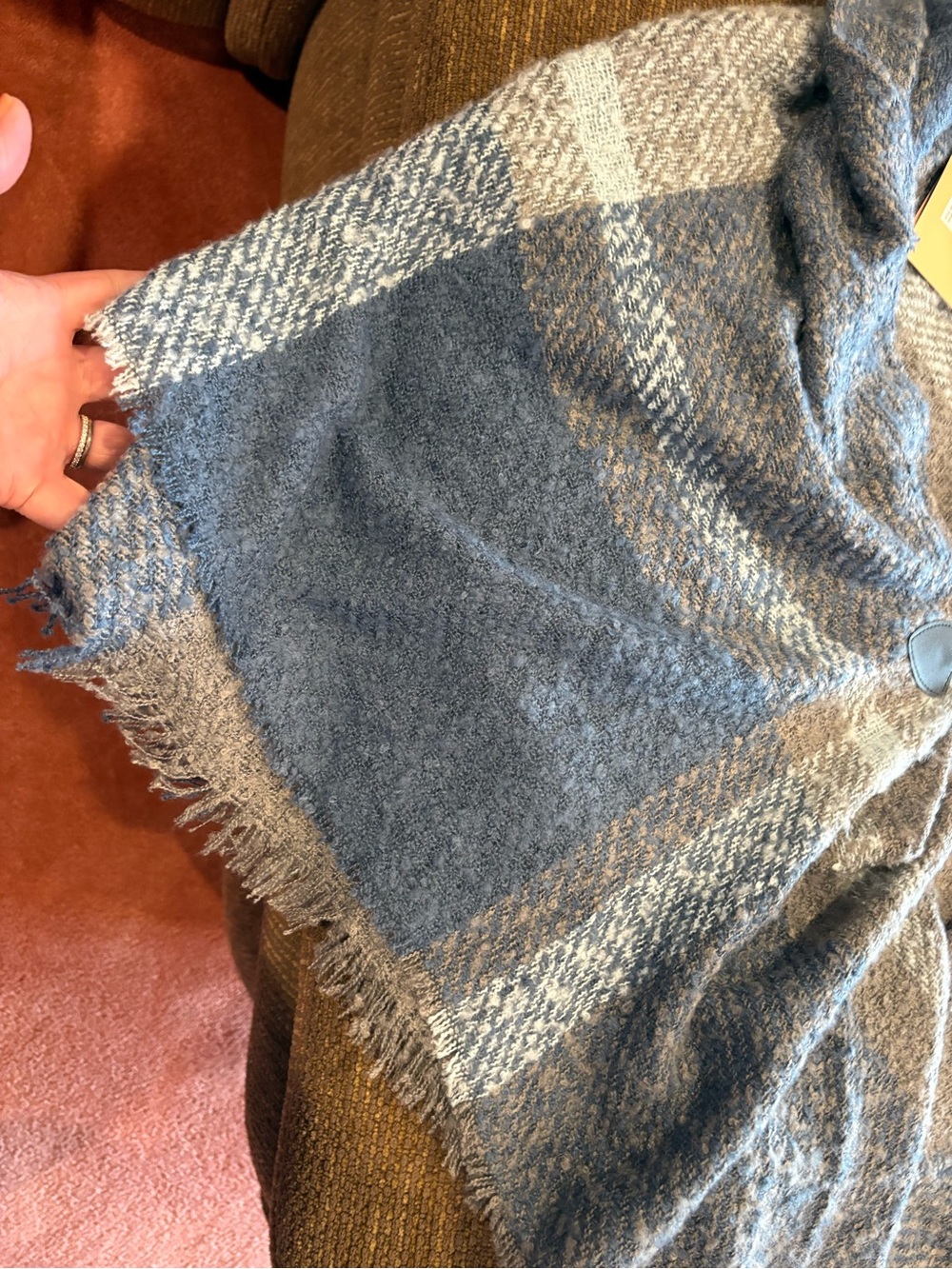 Plaid Hooded Wrap Shawl in Blue and Gray - Picture 7 of 9